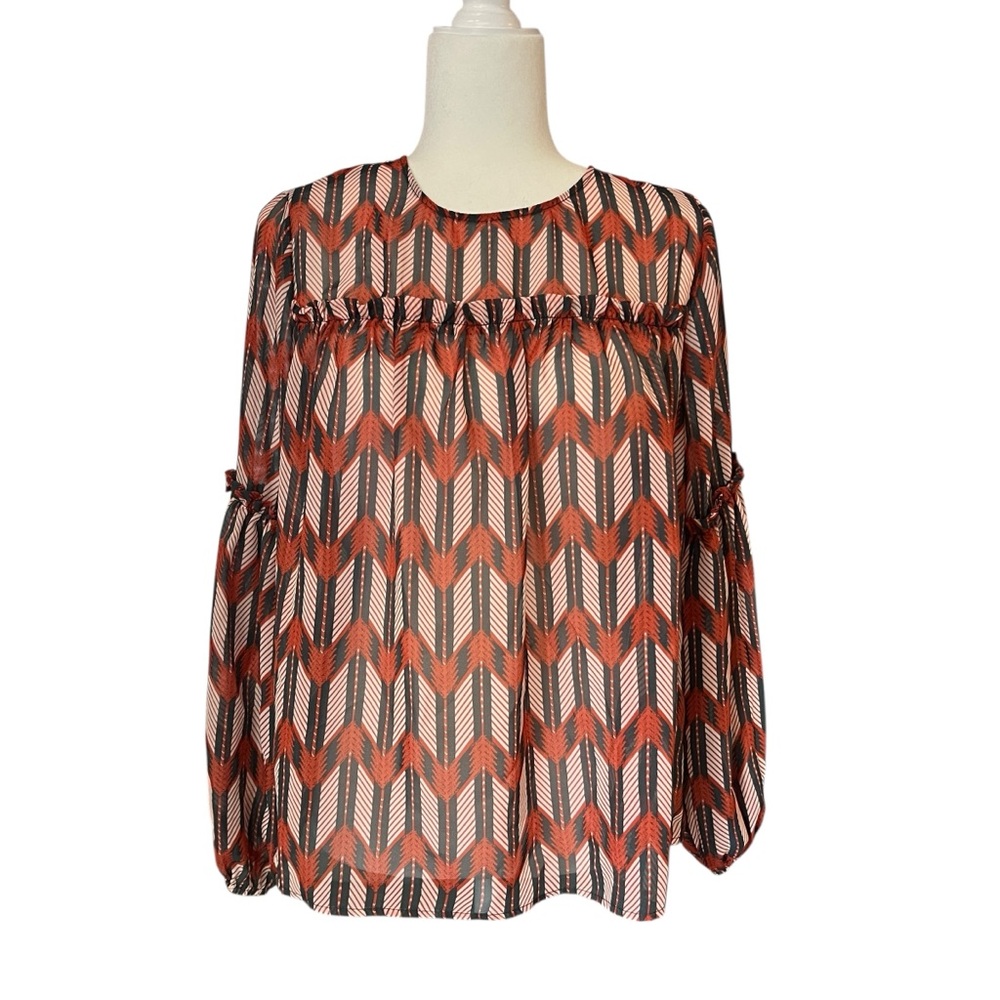 Wrangler Retro Blouse Long Sleeve Sheer Top Orange Gray Arrows Women Small